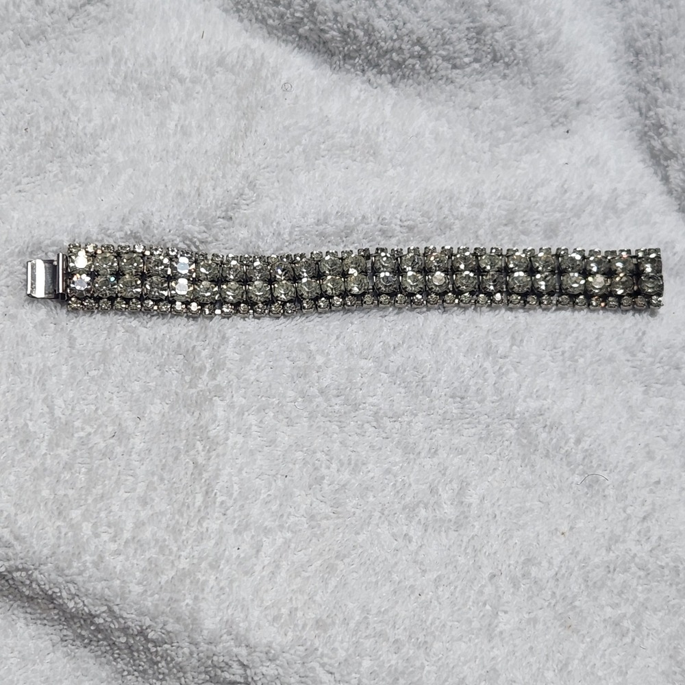 Vintage Four Row Clear Rhinestone Silver Tone Bracelet Formal Bridal Statement - Picture 10 of 13